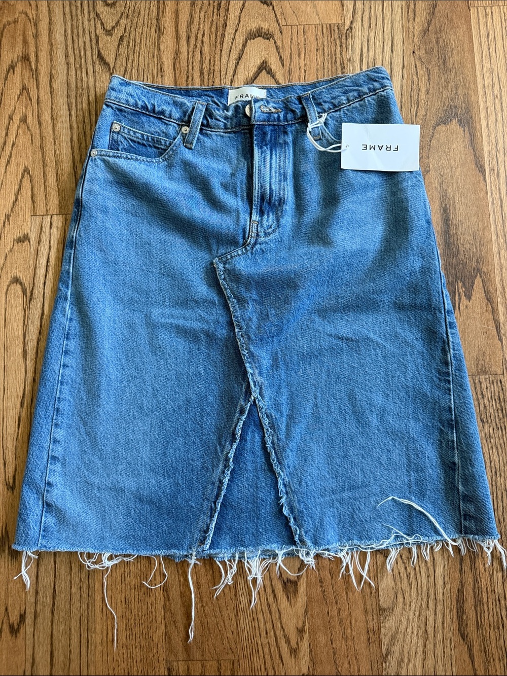 Frame Denim Medium Blue Straight-Leg Jeans Skirt with Frayed Hem